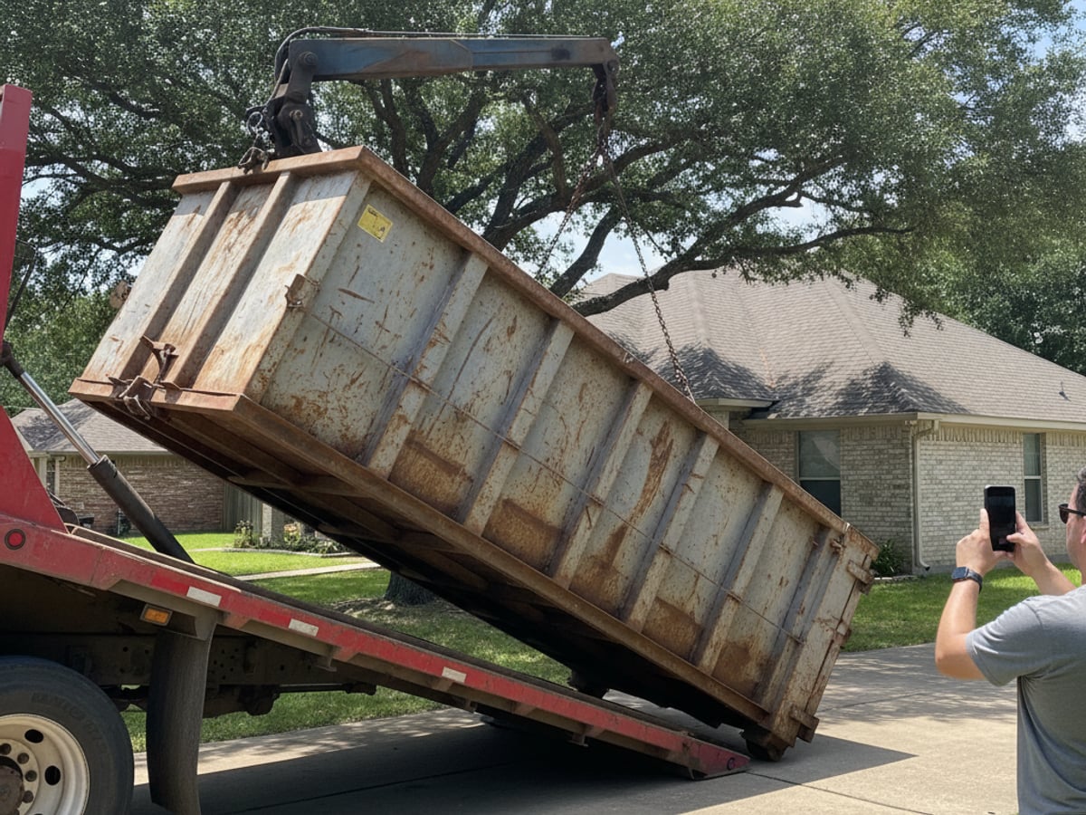 Roll-off dumpster being delivered by flatbed truck in Seguin, TX